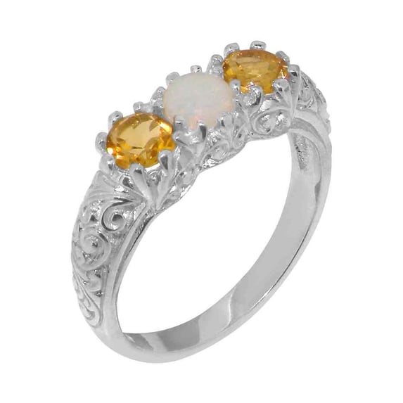 LBG British Made 10k White Gold Natural Opal & Citrine Womens Engagement Ring - 33 size options - Size 6