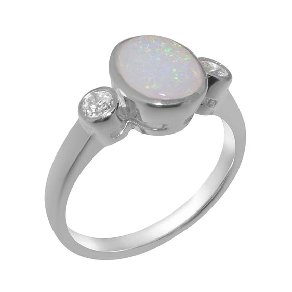 LBG British Made 10k White Gold Natural Opal & Diamond Womens Anniversary Ring - 33 size options - Size 10