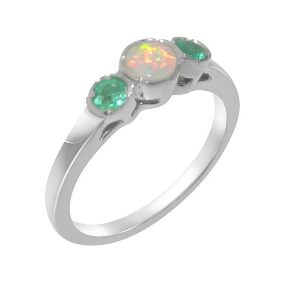 LBG British Made 10k White Gold Natural Opal & Emerald Womens Engagement Ring - 33 size options - Size 4.5