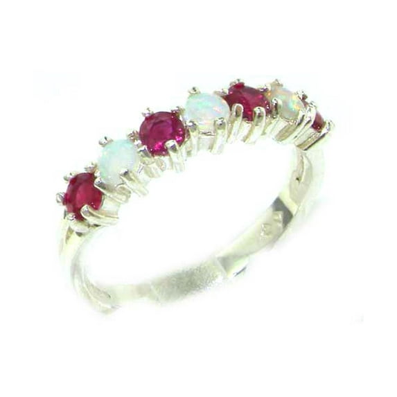 LBG British Made 10k White Gold Natural Opal & Ruby Womens Eternity Ring - Size 8.5 - 33 size options