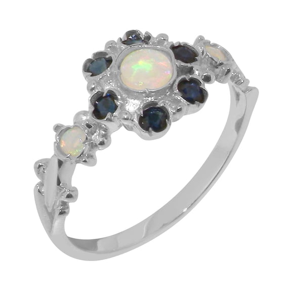 LBG British Made 10k White Gold Natural Opal & Sapphire Womens Engagement Ring - 33 size options - Size 8.5