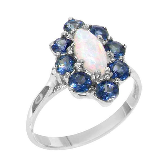 LBG British Made 10k White Gold Natural Opal & Sapphire Womens Promise Ring - 33 size options - Size 10.5