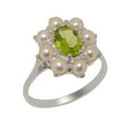 thumbnail image 1 of LBG British Made 10k White Gold Natural Peridot & Cultured Pearl Womens Anniversary Ring - 33 size options - Size 12, 1 of 6