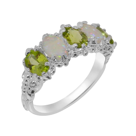 LBG British Made 10k White Gold Natural Peridot & Opal Womens Eternity Ring - 33 size options - Size 9.75