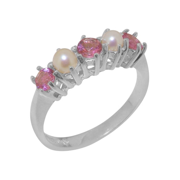 LBG British Made 10k White Gold Natural Pink Tourmaline & Cultured Pearl Womens Eternity Ring - 33 size options - Size 4.25
