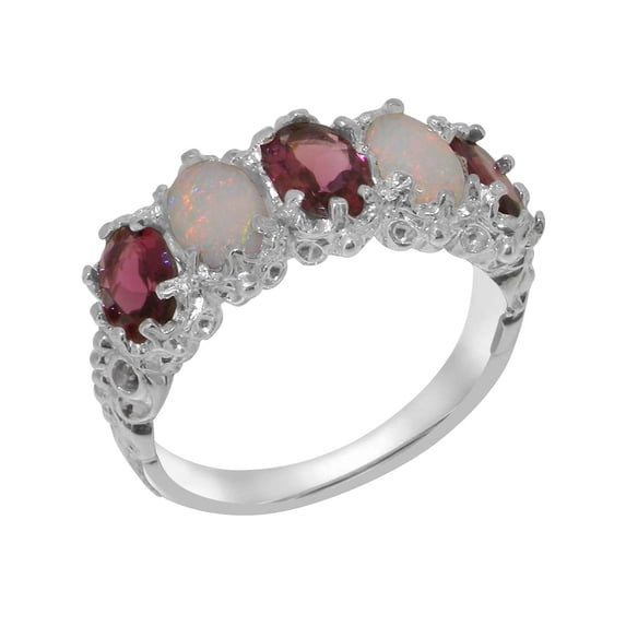 LBG British Made 10k White Gold Natural Pink Tourmaline & Opal Womens Eternity Ring - 33 size options - Size 4.5