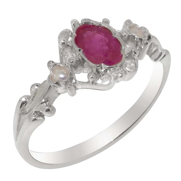 LBG British Made 10k White Gold Natural Ruby & Cultured Pearl Womens Anniversary Ring - 33 size options - Size 6.25