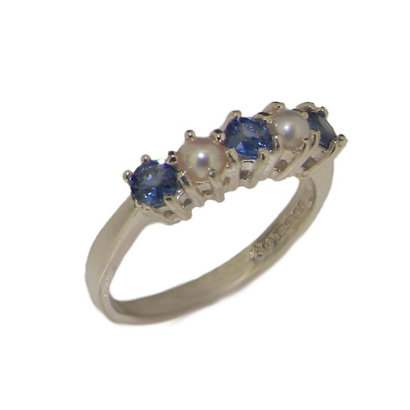 LBG British Made 10k White Gold Natural Sapphire & Cultured Pearl Ladies Eternity Ring - 33 size options - Size 10