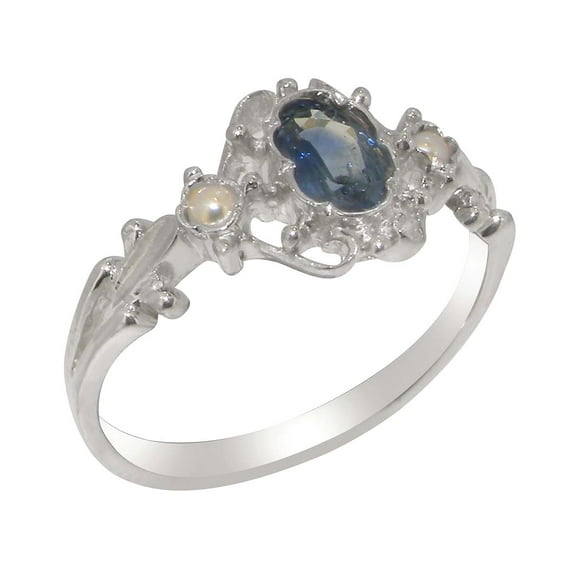 LBG British Made 10k White Gold Natural Sapphire & Cultured Pearl Womens Anniversary Ring - 33 size options - Size 5