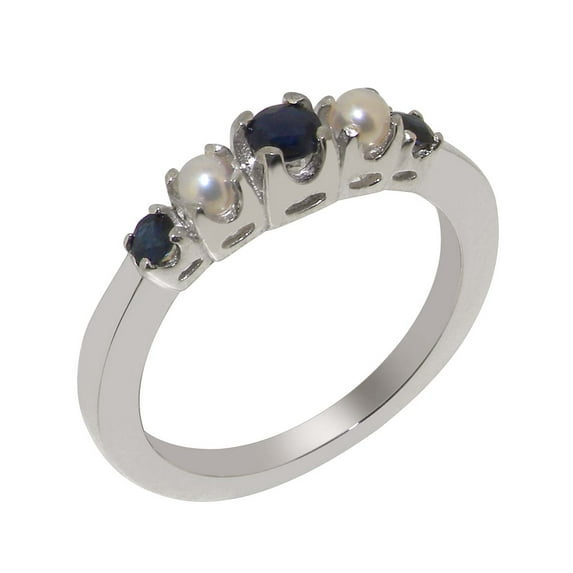 LBG British Made 10k White Gold Natural Sapphire & Cultured Pearl Womens Engagement Ring - 33 size options - Size 4.75