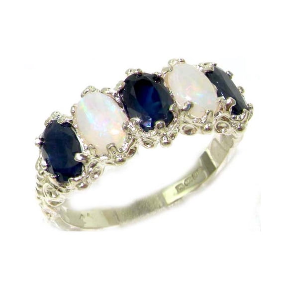 LBG British Made 10k White Gold Natural Sapphire & Opal Womens Eternity Ring - 33 size options - Size 7.75