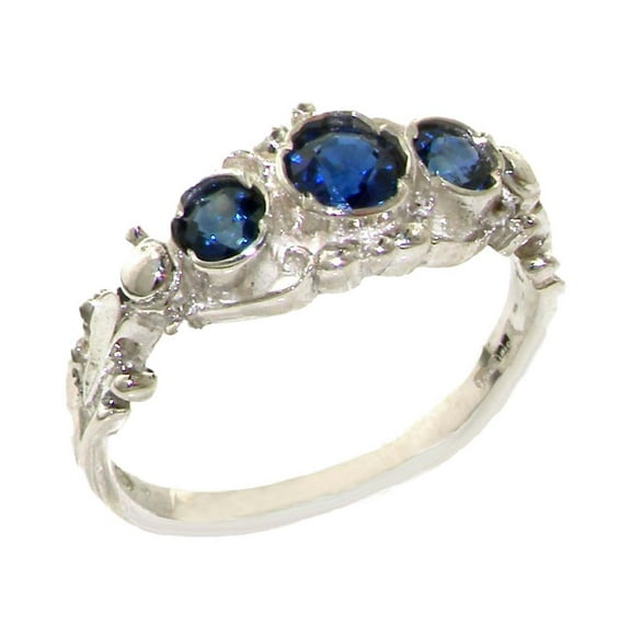 LBG British Made 10k White Gold Natural Sapphire Womens Trilogy Ring - 33 size options - Sizes 4 to 12 Available