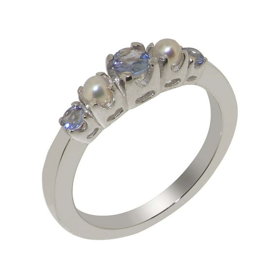 LBG British Made 10k White Gold Natural Tanzanite & Cultured Pearl Womens Engagement Ring - 33 size options - Size 9.25