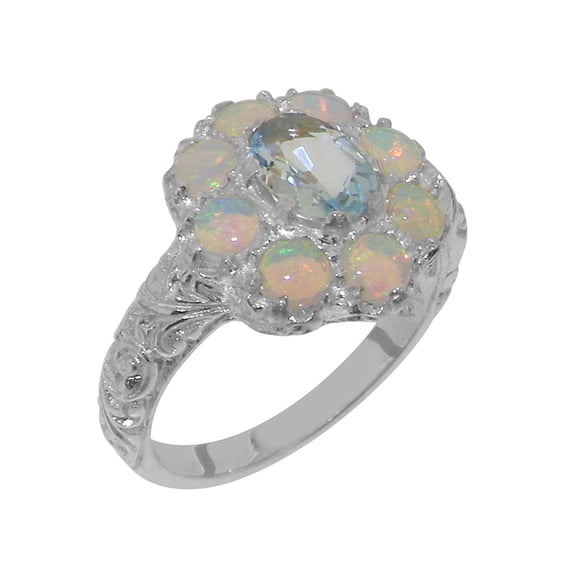 LBG British Made 10k White Gold Real Genuine Aquamarine & Opal Womens Statement Ring - 33 size options - Size 5.75