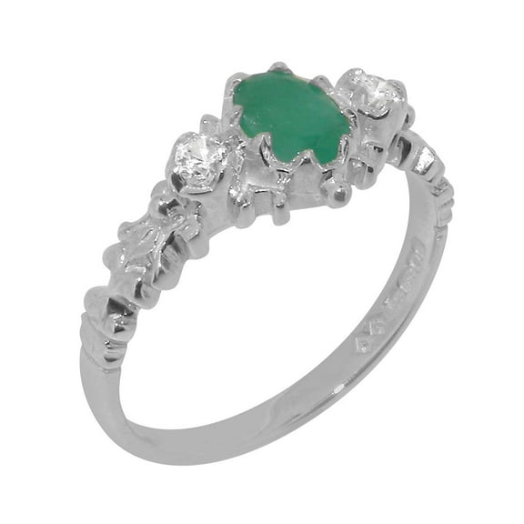 LBG British Made 10k White Gold Real Genuine Emerald & Cubic Zirconia Womens Promise Ring - 33 size options - Size 8.25