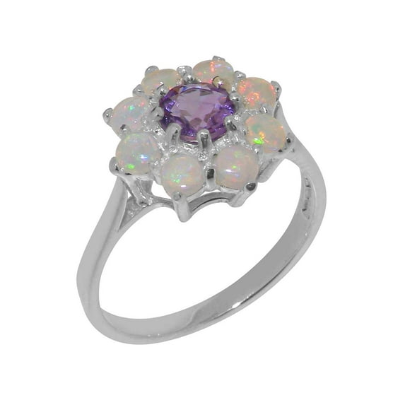 LBG British Made 10k White Gold Real Natural Amethyst & Opal Womens Engagement Ring - 33 size options - Size 8