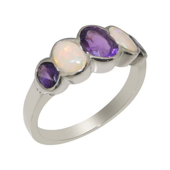 LBG British Made 10k White Gold Ring with Natural Amethyst & Opal Womens Band Ring - 33 size options - Size 7.25