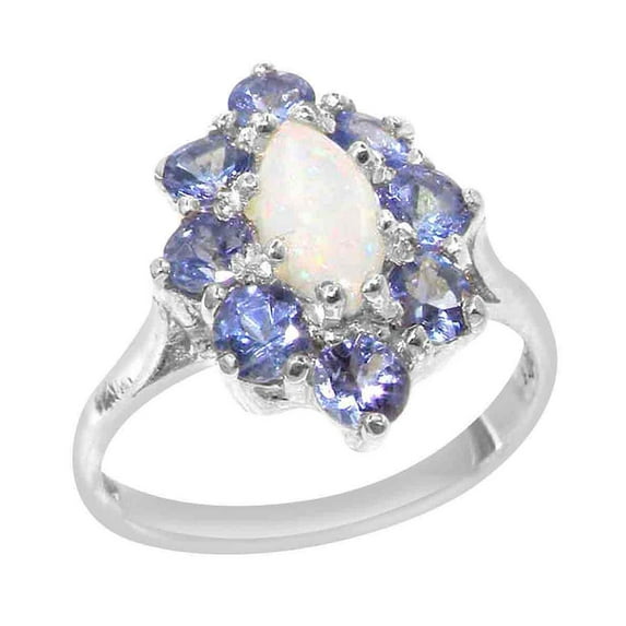 LBG British Made 10k White Gold Ring with Natural Opal & Tanzanite Womens Statement Ring - 33 size options - Size 4