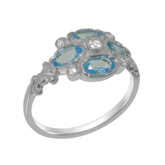 LBG British Made 10k White Gold Womens Ring Natural Diamond & Blue Topaz Statement Ring - 33 size options - Size 7.5