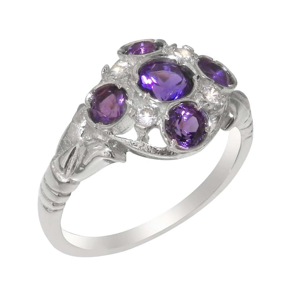 LBG British Made 10k White Gold ring with Natural Amethyst & Cubic Zirconia Womens Statement Ring - 33 size options - Size 11