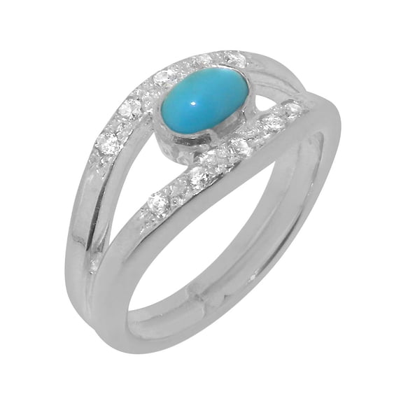 LBG British Made 10k White Gold ring with Natural Turquoise & Cubic Zirconia Womens Band Ring - 33 size options - Size 11