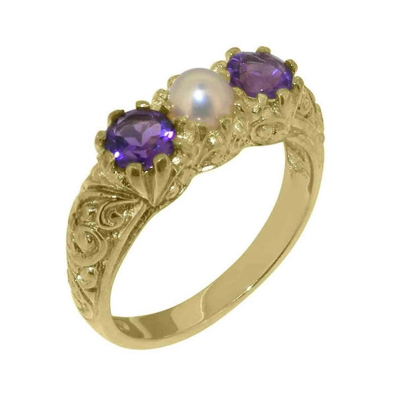 LBG British Made 10k Yellow Gold Cultured Pearl & Amethyst Womens Statement Ring - 33 size options - Size 5.5