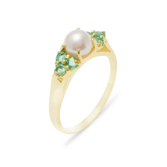 LBG British Made 10k Yellow Gold Cultured Pearl & Emerald Womens Cluster Ring - 33 size options - Size 7.75