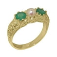 thumbnail image 1 of LBG British Made 10k Yellow Gold Cultured Pearl & Emerald Womens Promise Ring - 33 size options - Size 9.5, 1 of 7