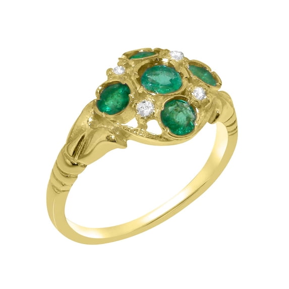 LBG British Made 10k Yellow Gold Emerald & Diamond ring Womens Statement Ring - 33 size options - Size 11.75