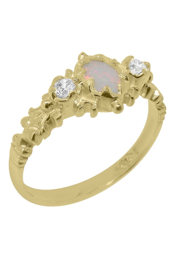 LBG British Made 10k Yellow Gold Genuine Natural Opal & Cubic Zirconia Womens Statement Ring - 33 size options - Size 5.5