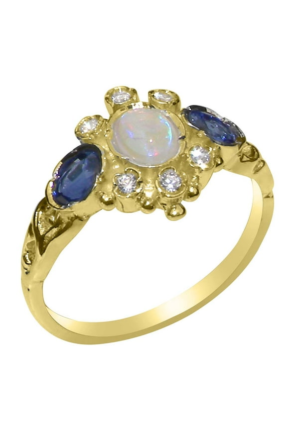 LBG British Made 10k Yellow Gold Genuine Natural Opal Sapphire Cubic Zirconia Womens Statement Ring - 33 size options - Size 5.5