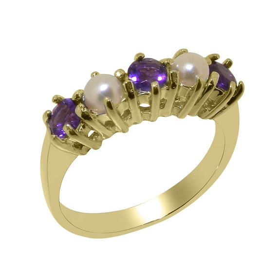 LBG British Made 10k Yellow Gold Natural Amethyst & Cultured Pearl Womens Anniversary Ring - 33 size options - Size 8.5