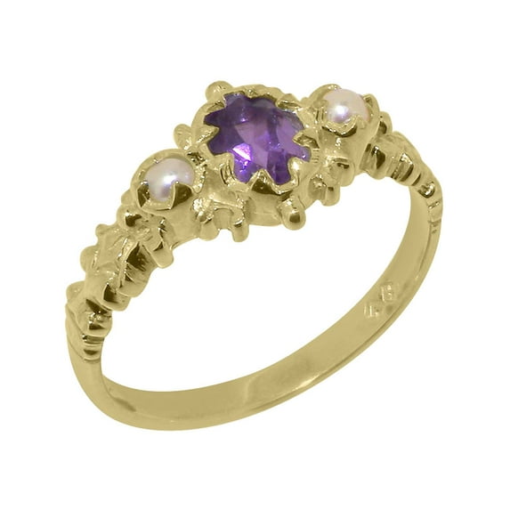 LBG British Made 10k Yellow Gold Natural Amethyst & Cultured Pearl Womens Promise Ring - 33 size options - Size 7