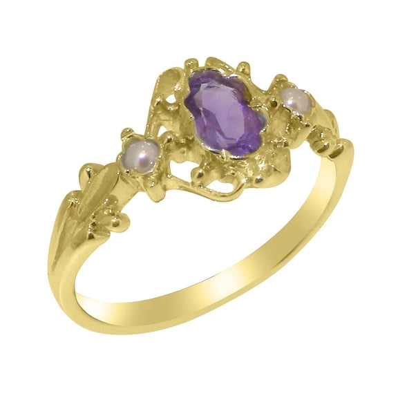 LBG British Made 10k Yellow Gold Natural Amethyst & Cultured Pearl Womens Trilogy Ring - 33 size options - Size 11.25
