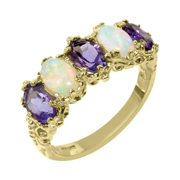 LBG British Made 10k Yellow Gold Natural Amethyst & Opal Womens Eternity Ring - 33 size options - Size 8.5