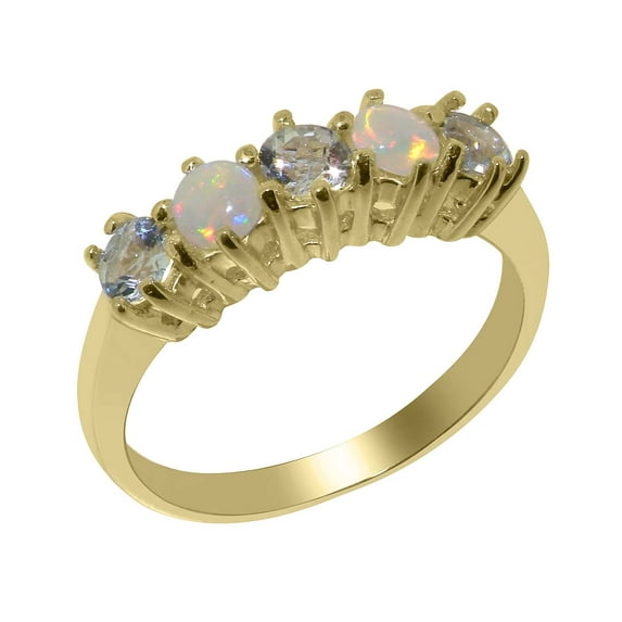 LBG British Made 10k Yellow Gold Natural Aquamarine & Opal Womens Promise Ring - 33 size options - Size 10.5