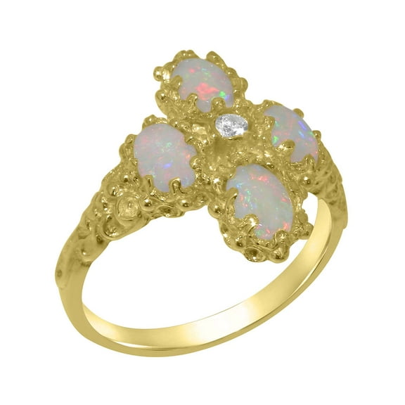 LBG British Made 10k Yellow Gold Natural Diamond & Opal Womens Statement Ring - 33 size options - Size 10