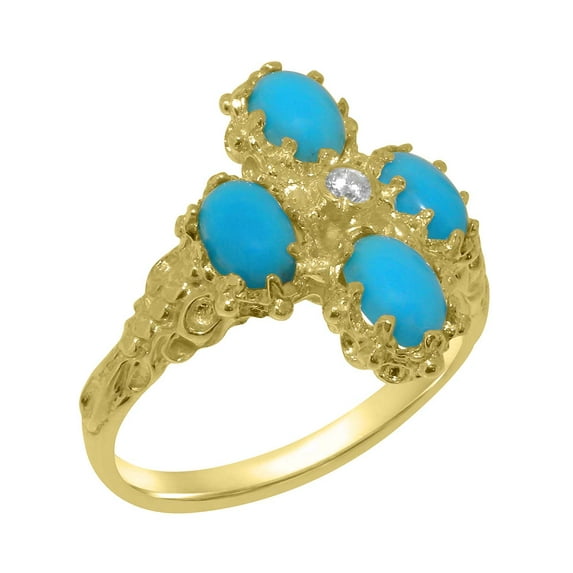 LBG British Made 10k Yellow Gold Natural Diamond & Turquoise Womens Promise Ring - 33 size options - Size 9.5