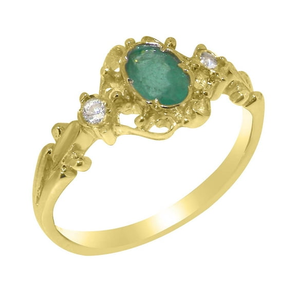 LBG British Made 10k Yellow Gold Natural Emerald & Diamond Womens Anniversary Ring - 33 size options - Size 10