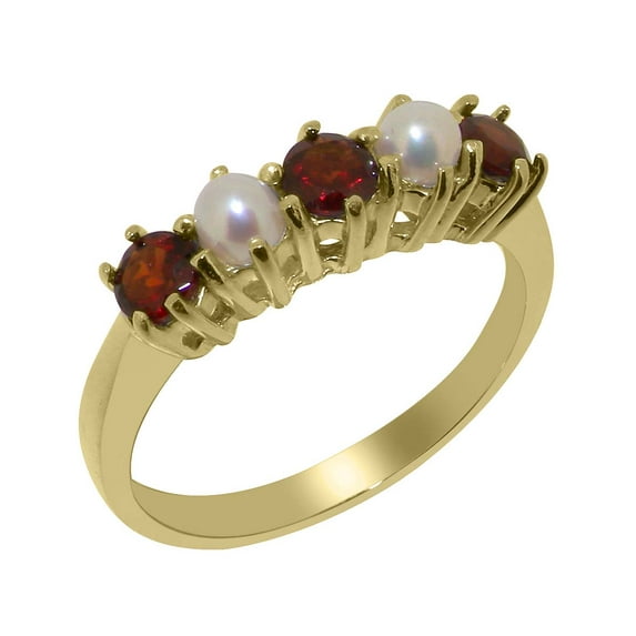 LBG British Made 10k Yellow Gold Natural Garnet January Birthstone & Cultured Pearl Womens Eternity Ring - 33 size options - Size 8