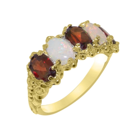 LBG British Made 10k Yellow Gold Natural Garnet & Opal Womens Eternity Ring - 33 size options - Size 4.25