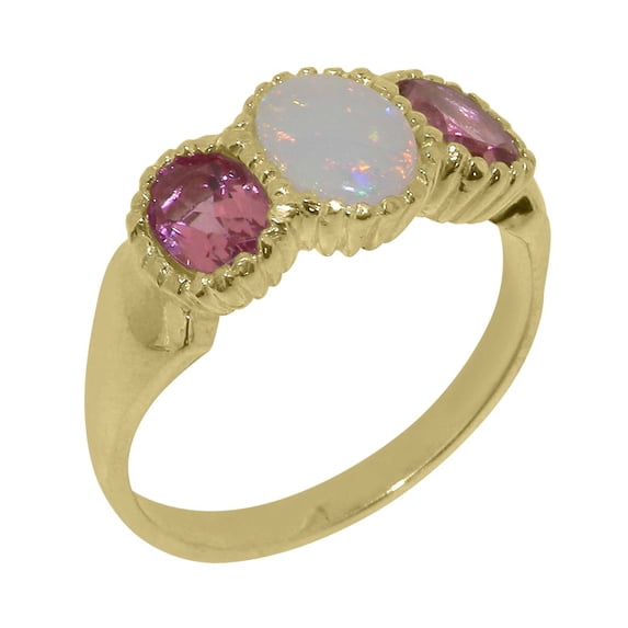 LBG British Made 10k Yellow Gold Natural Opal & Pink Tourmaline Womens Engagement Ring - 33 size options - Size 6