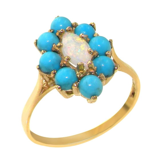 LBG British Made 10k Yellow Gold Natural Opal & Turquoise Womens Anniversary Ring - 33 size options - Size 6.75