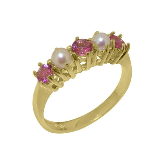 LBG British Made 10k Yellow Gold Natural Pink Tourmaline & Cultured Pearl Womens Anniversary Ring - 33 size options - Size 8.5