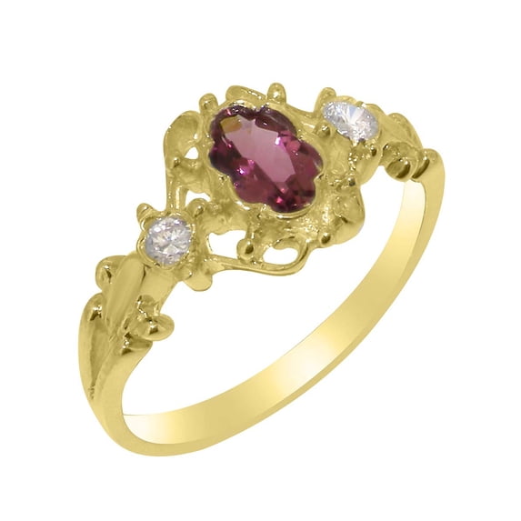 LBG British Made 10k Yellow Gold Natural Pink Tourmaline & Diamond Womens Trilogy Ring - 33 size options - Size 5.25