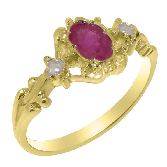 LBG British Made 10k Yellow Gold Natural Ruby & Cultured Pearl Womens Anniversary Ring - 33 size options - Size 12