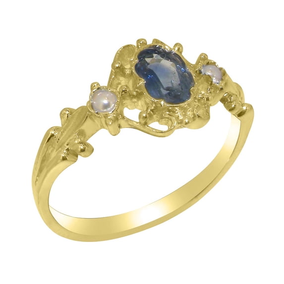 LBG British Made 10k Yellow Gold Natural Sapphire & Cultured Pearl Womens Statement Ring - 33 size options - Size 8