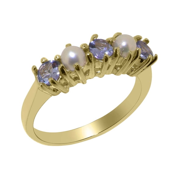 LBG British Made 10k Yellow Gold Natural Tanzanite & Cultured Pearl Womens Eternity Ring - 33 size options - Size 7.5