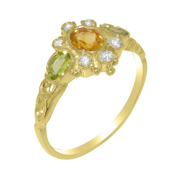 LBG British Made 10k Yellow Gold Real Genuine Citrine Peridot Diamond Womens Promise Ring - 33 size options - Size 5.75