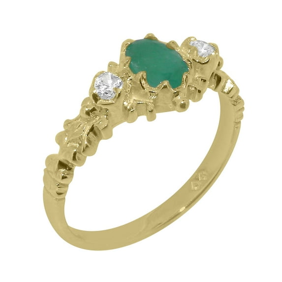LBG British Made 10k Yellow Gold Real Genuine Emerald & Diamond Womens Promise Ring - 33 size options - Size 5.75